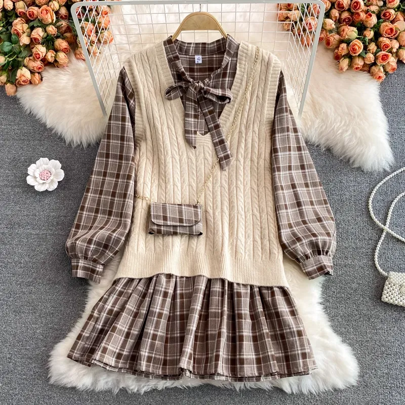 Korean Style Loose Plaid Mid Length Bowknot Dress Knitted Sweater Vest Two Pieces Set 1394