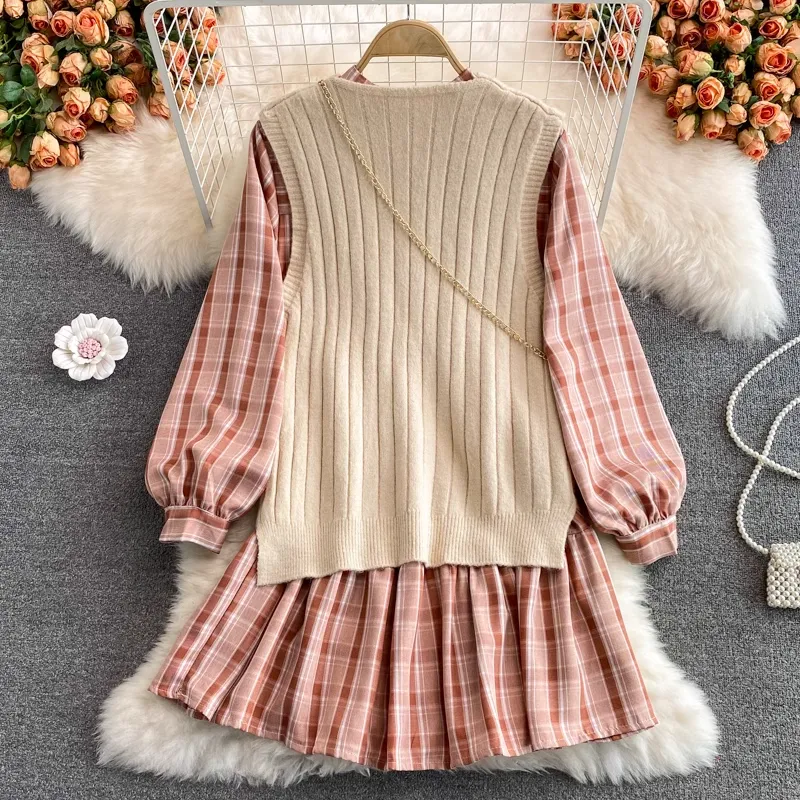 Korean Style Loose Plaid Mid Length Bowknot Dress Knitted Sweater Vest Two Pieces Set 1394