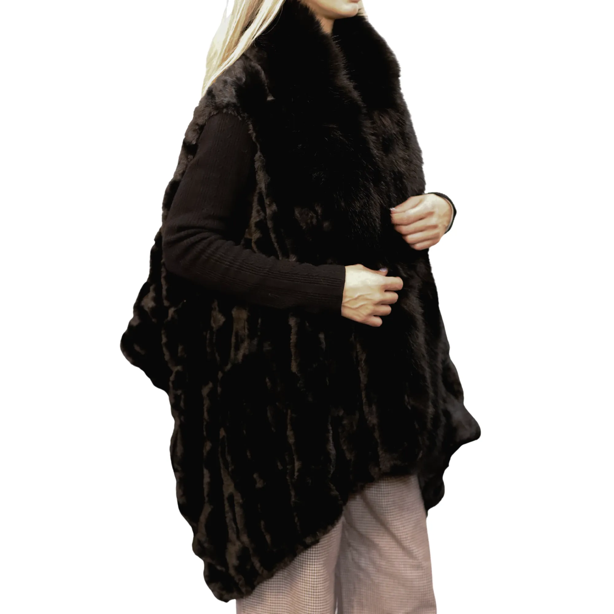 La Fiorentina Chic Black Faux Fur Vest - One Size (66 in x 26 in)