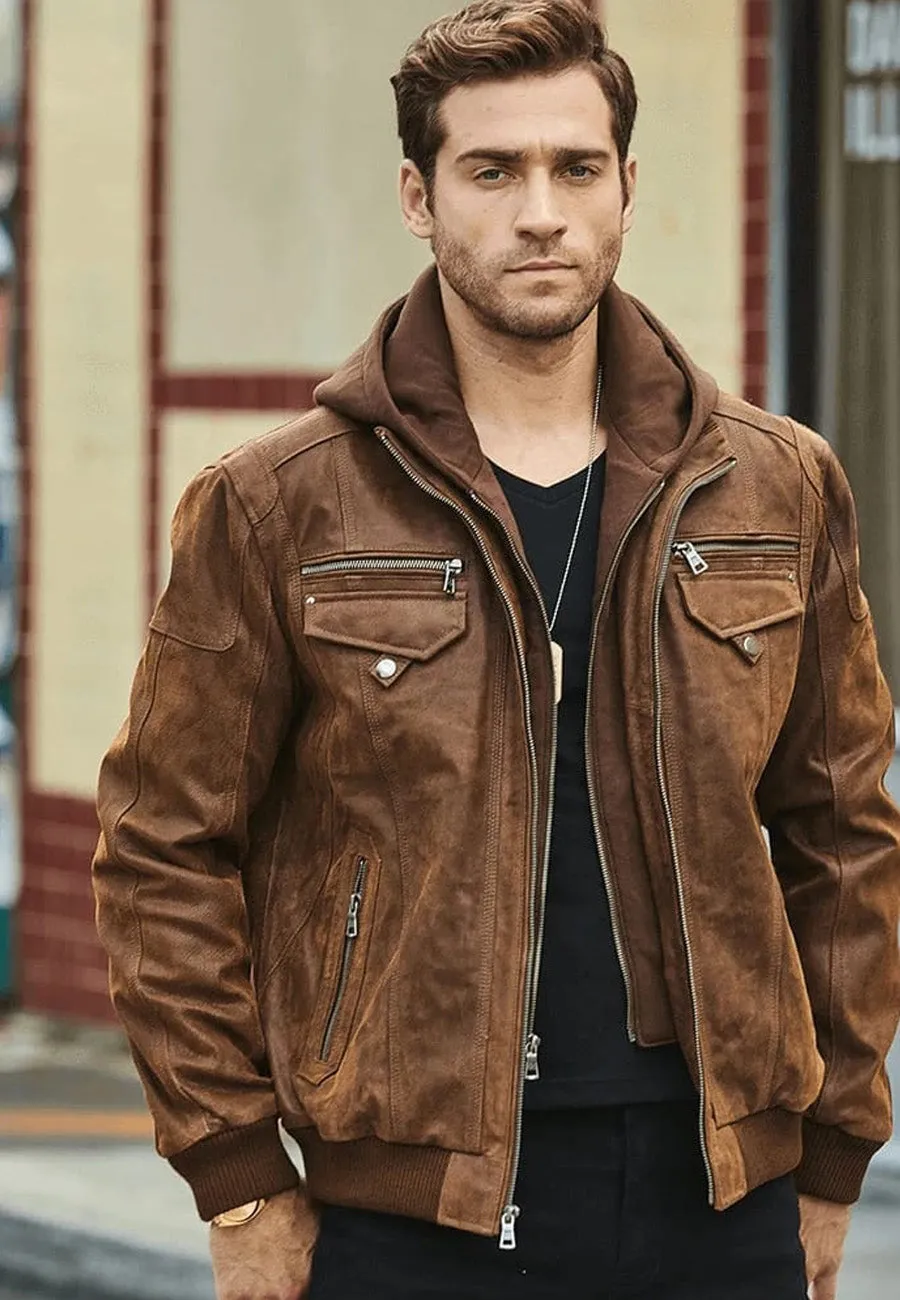 Men's Crunch Brown Leather Bomber Jacket Removable Hood