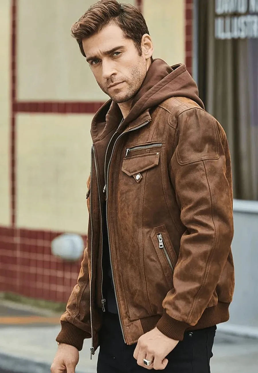 Men's Crunch Brown Leather Bomber Jacket Removable Hood