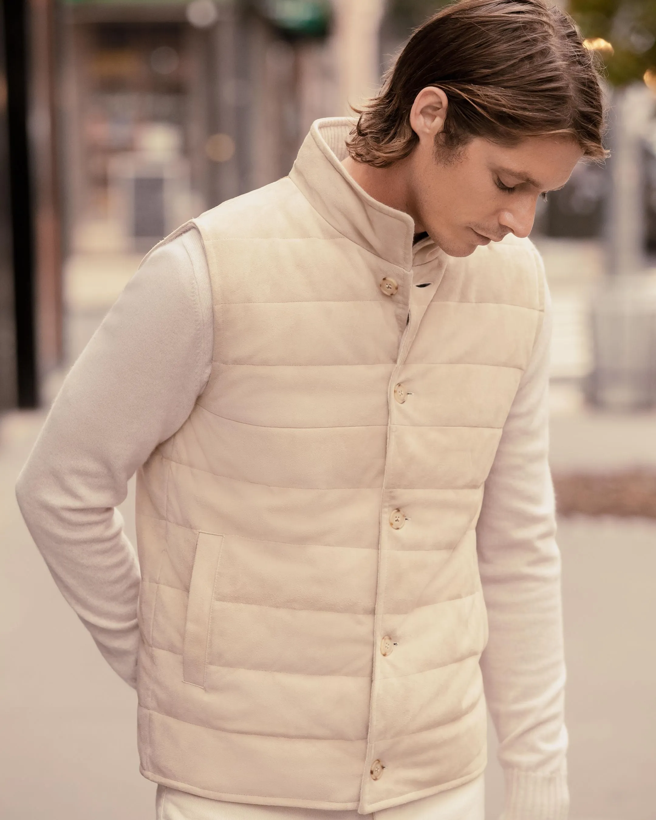 Men's Verbier Suede & Cashmere Gilet Ecru White