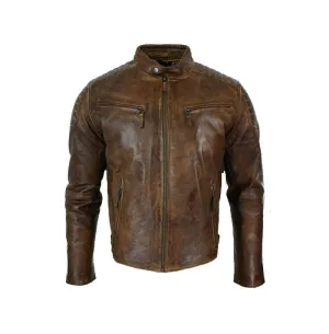 Mens Vintage Biker Cafe Racer Brown Distressed Leather Jacket