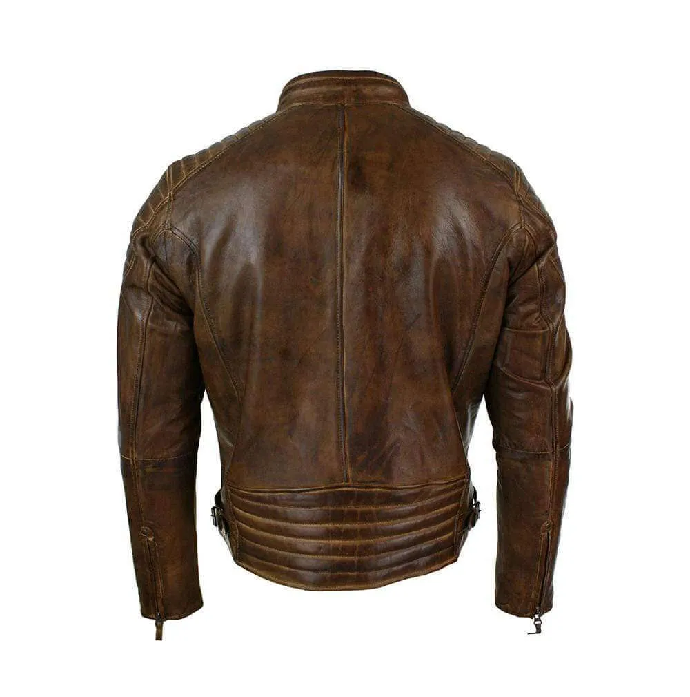 Mens Vintage Biker Cafe Racer Brown Distressed Leather Jacket