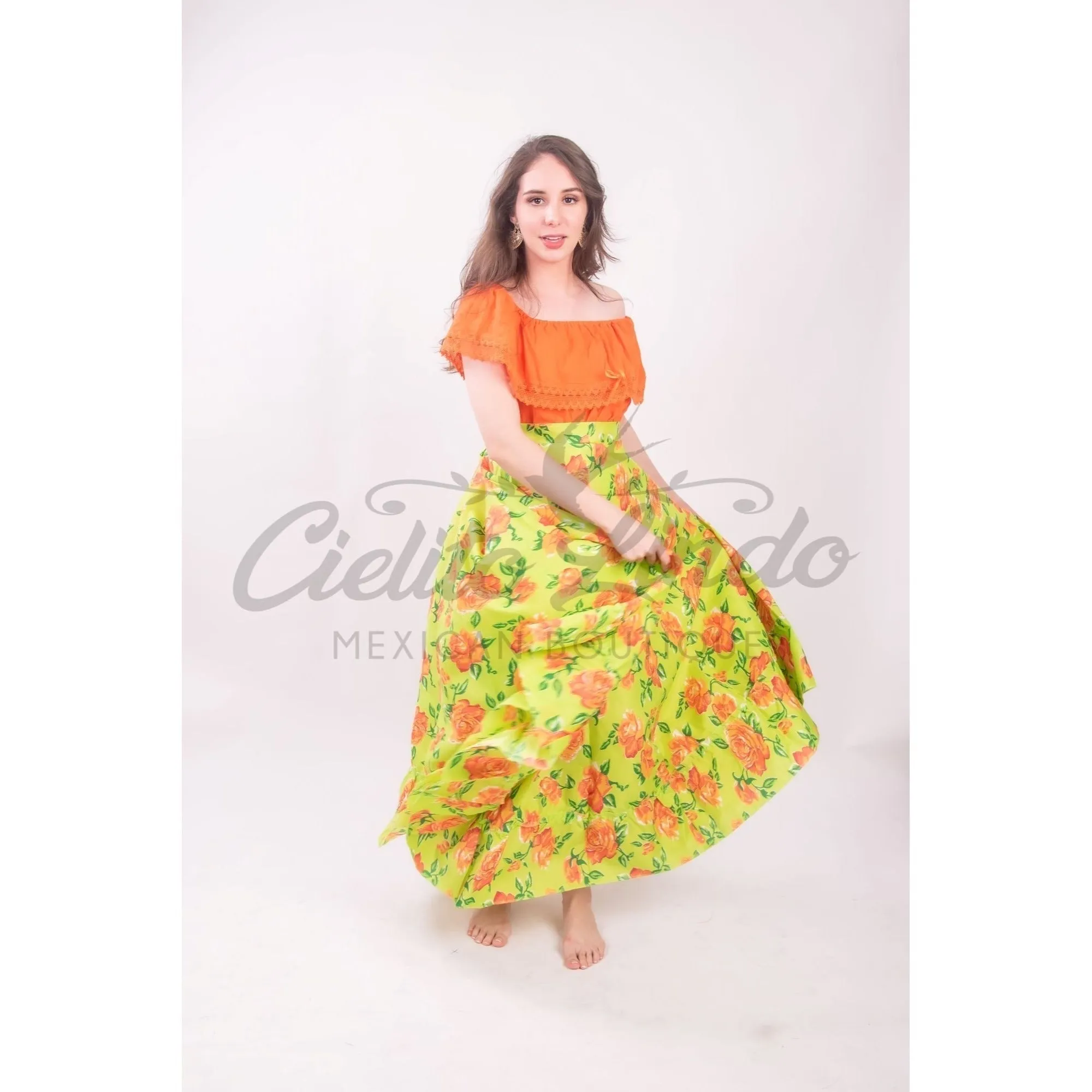 Mexican Folklorico Lime Green Floral Skirt