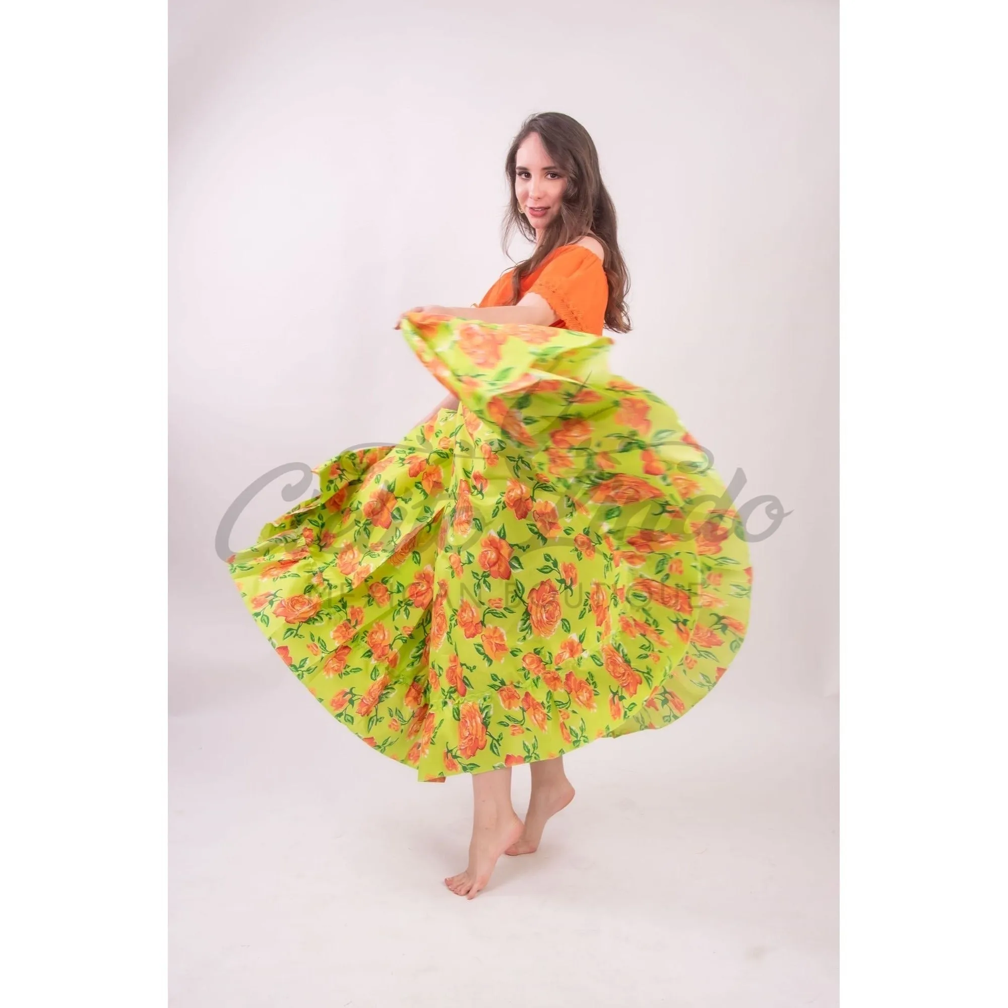 Mexican Folklorico Lime Green Floral Skirt