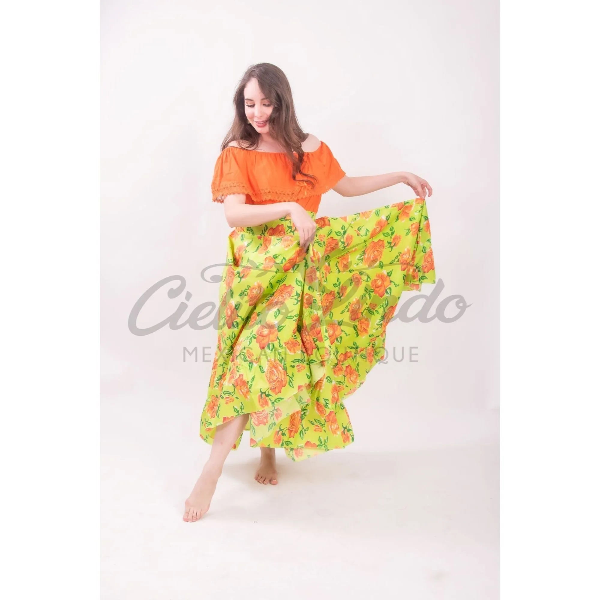 Mexican Folklorico Lime Green Floral Skirt