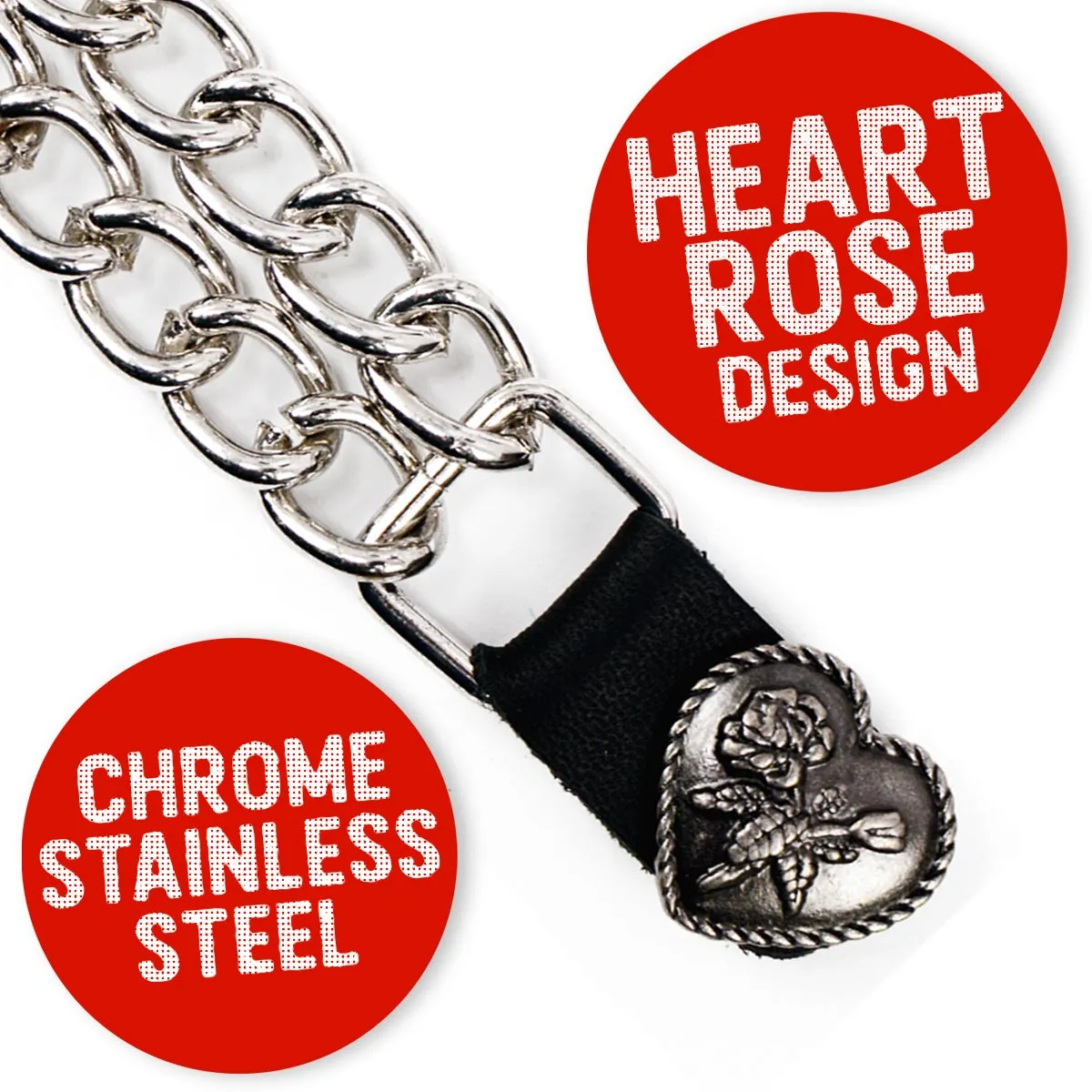 Milwaukee Leather Heart Rose Medallion Vest Extender - Double Chrome Chains Genuine Leather 6.5" Extension MLA1013-Single