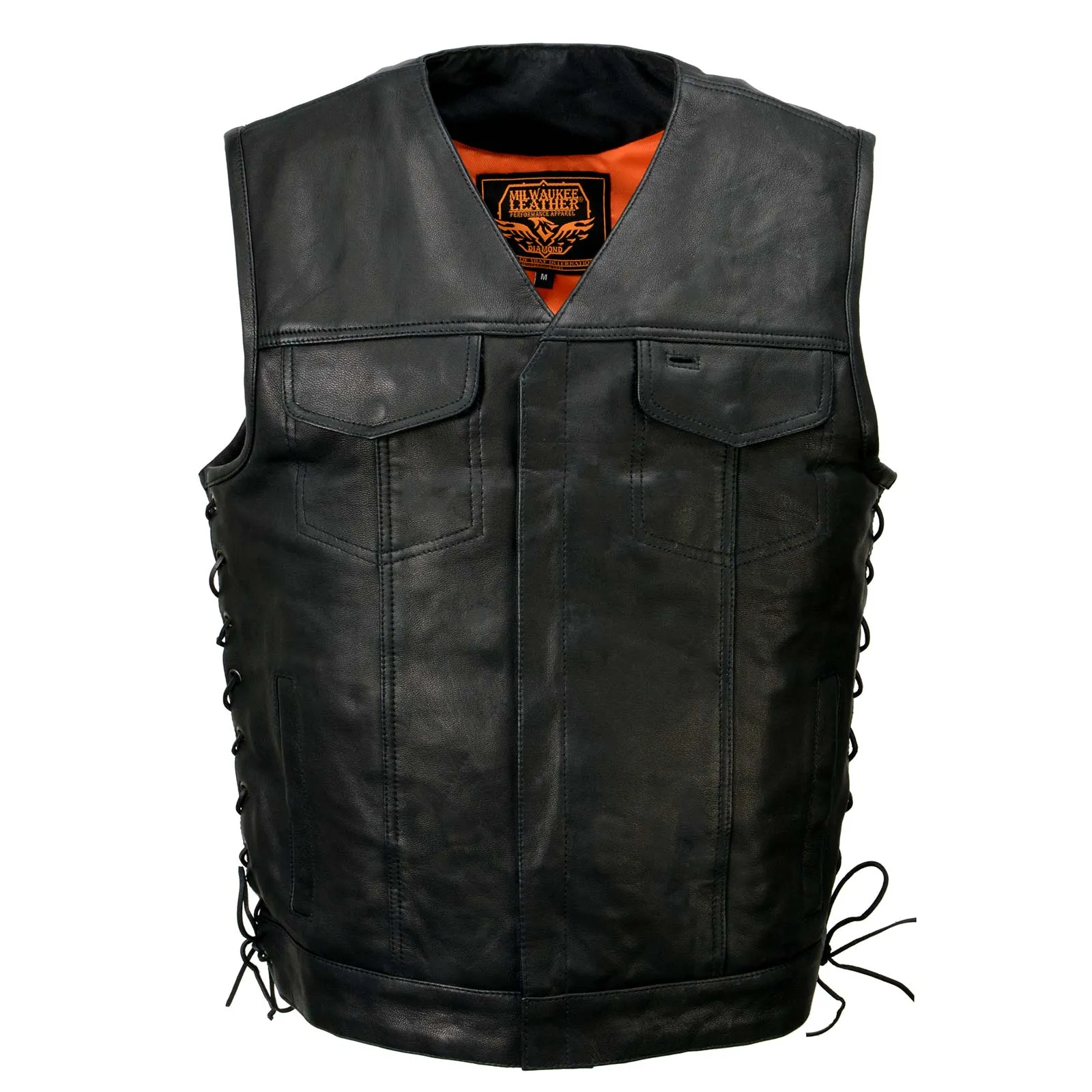 Milwaukee Leather MLM3504 Men's Black 'Pursuit' V Neck Club Style Motorcycle Leather Vest with Adjustable Side Laces