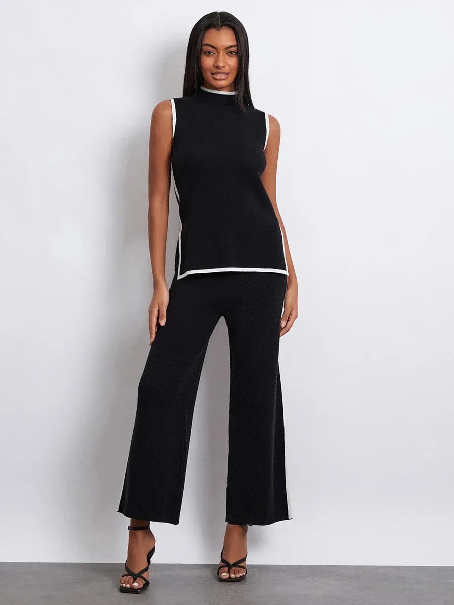 Mock Neck Contrast Sweater Wide Leg Sleeveless Pants