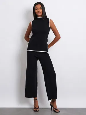 Mock Neck Contrast Sweater Wide Leg Sleeveless Pants