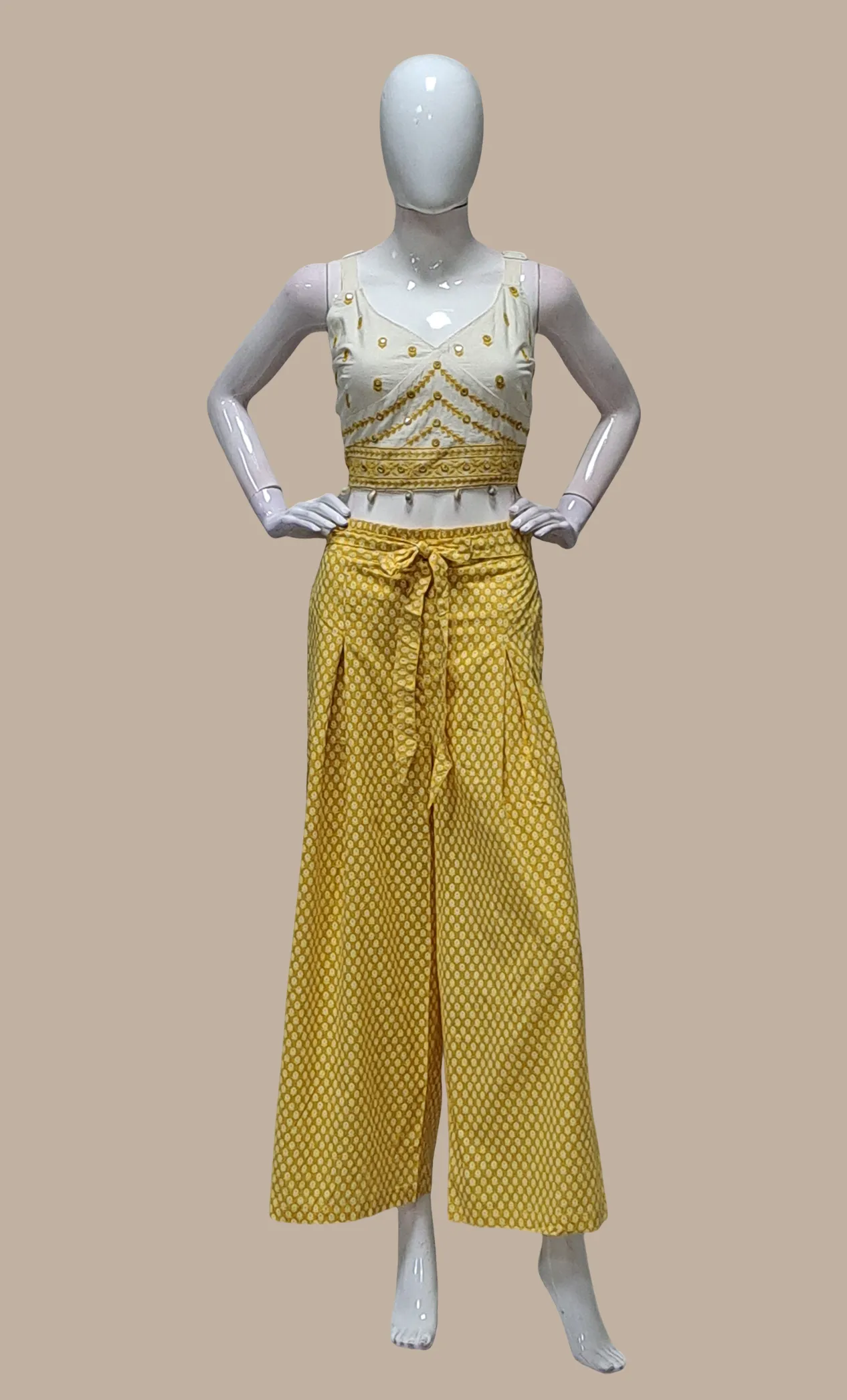 Mustard Embroidered Fusion Top & Pants