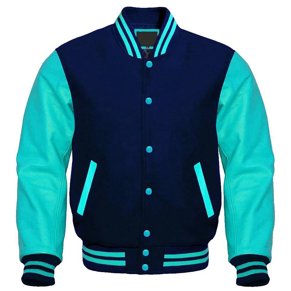 Navy and Tiffany Blue Varsity Jacket with Custom Logos