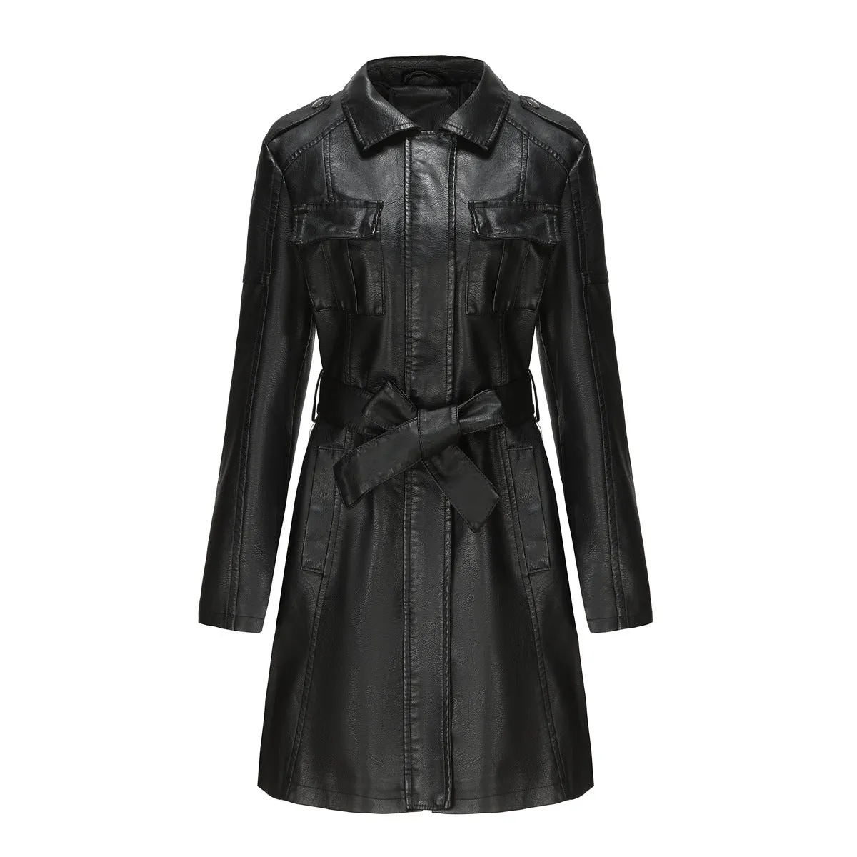 New European And American-style Mid-length Leather Coat With Belt Fashion Coat For Women