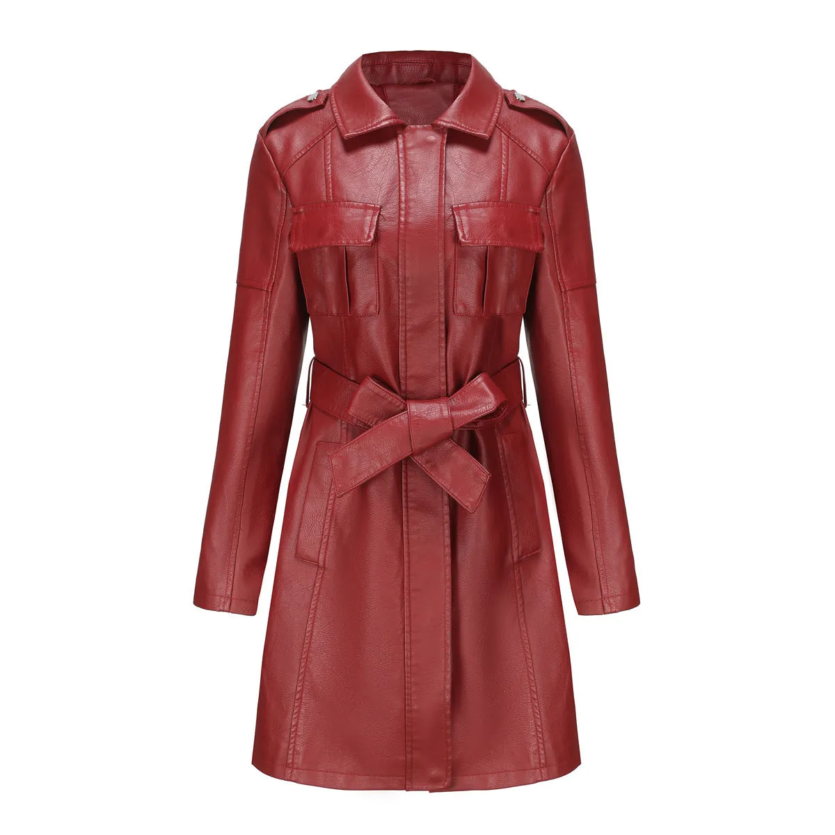 New European And American-style Mid-length Leather Coat With Belt Fashion Coat For Women