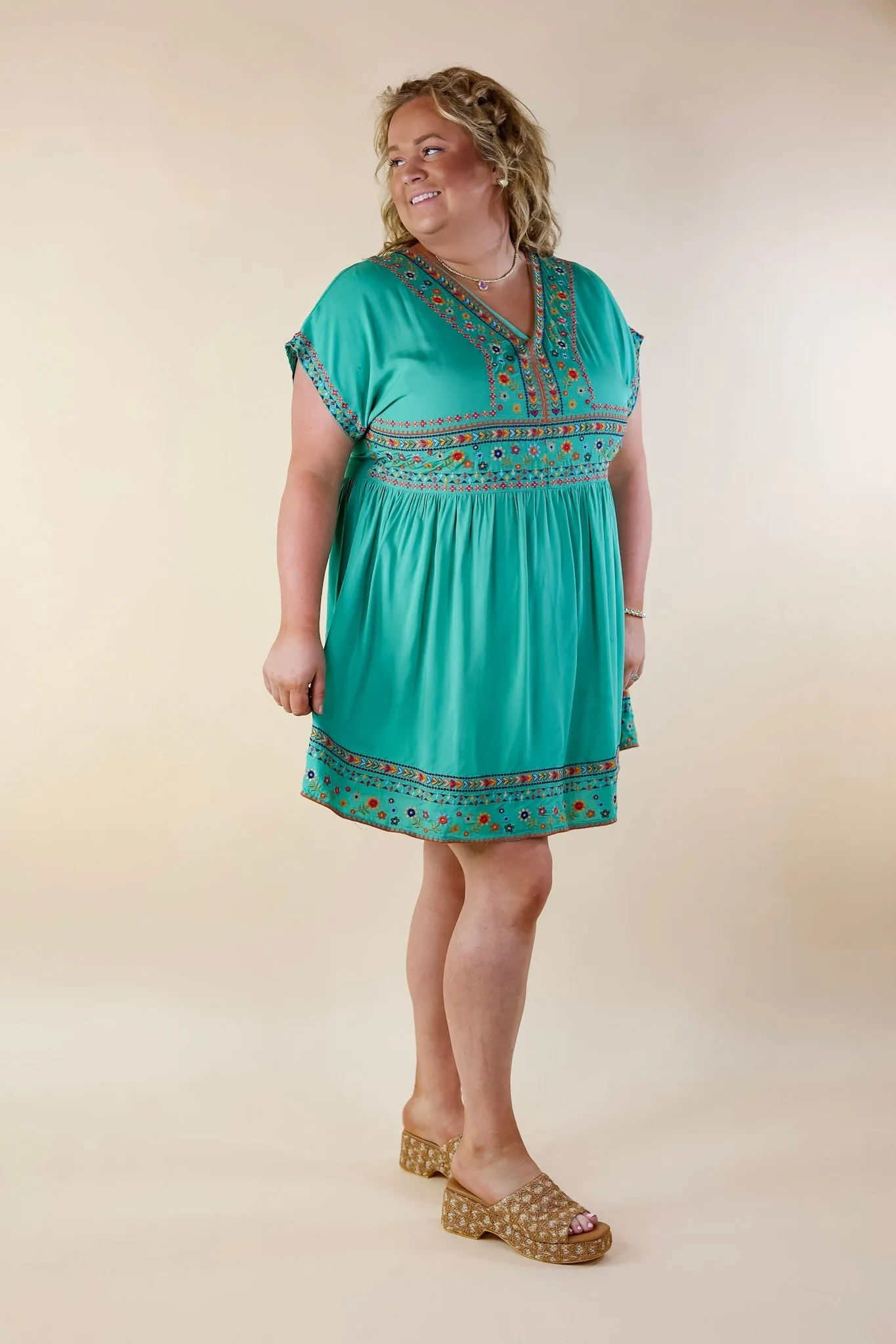 Passing Through V Neck Embroidered Dress with Short Sleeves in Mint Green