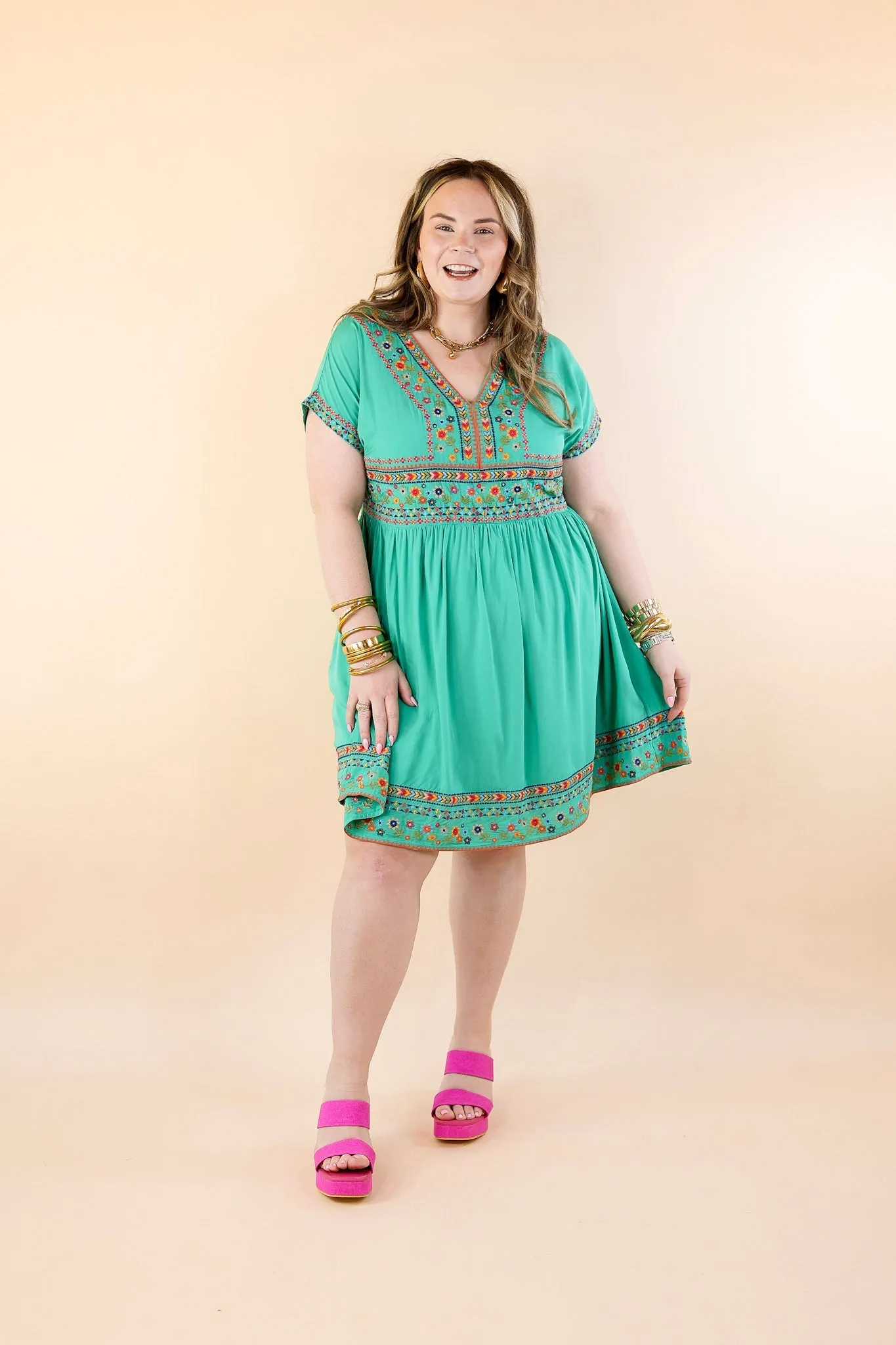 Passing Through V Neck Embroidered Dress with Short Sleeves in Mint Green