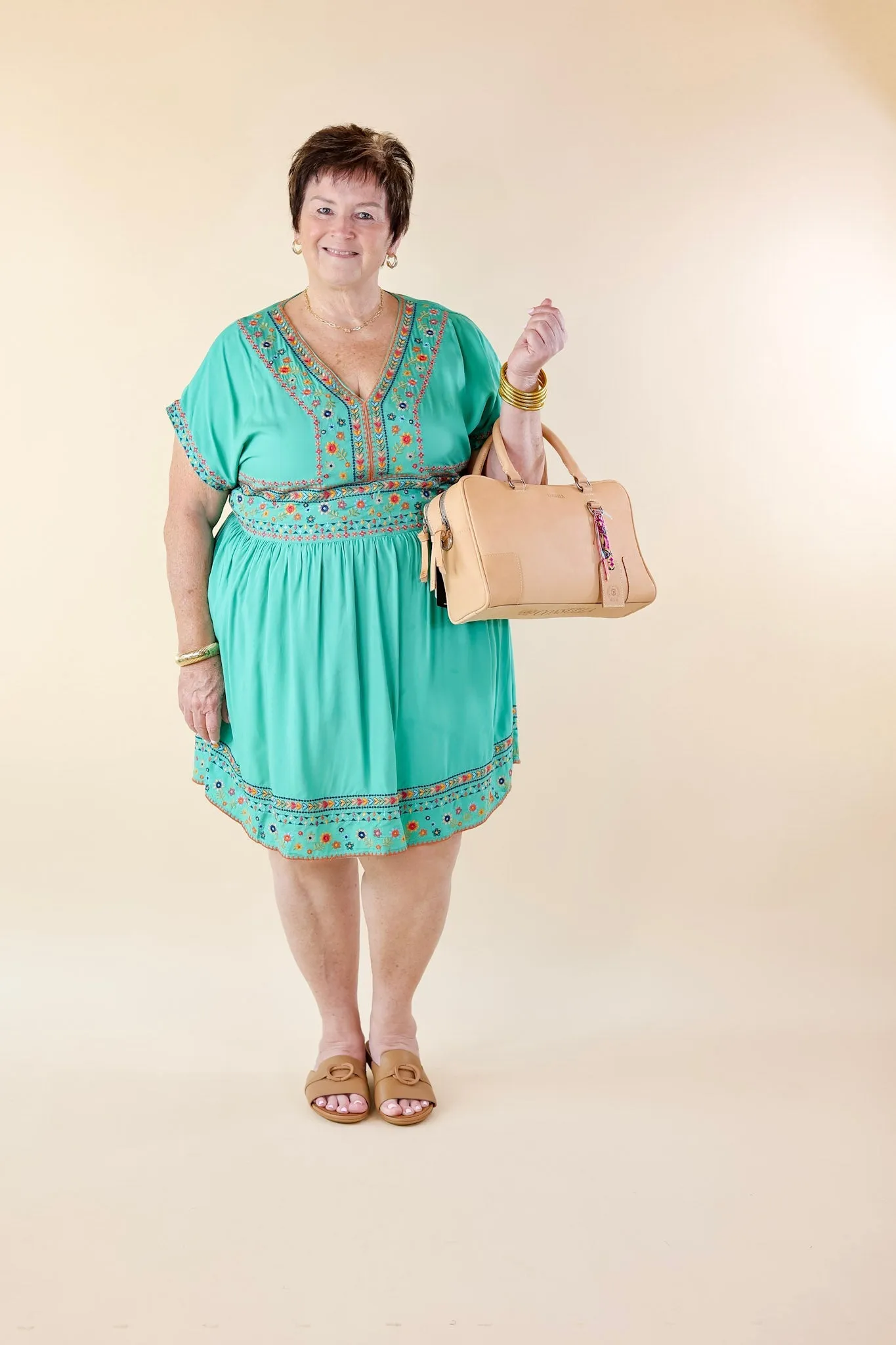 Passing Through V Neck Embroidered Dress with Short Sleeves in Mint Green