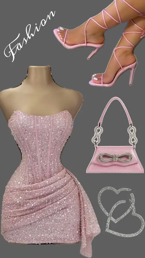 Pink Strapless Sequins Party Dress Mini Homecoming Dress Birthday Outfits     fg6892