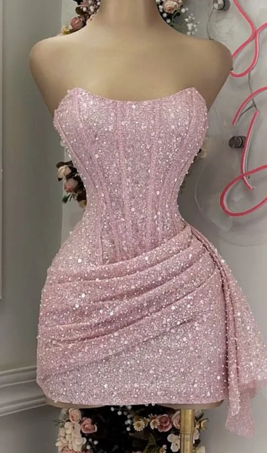 Pink Strapless Sequins Party Dress Mini Homecoming Dress Birthday Outfits     fg6892