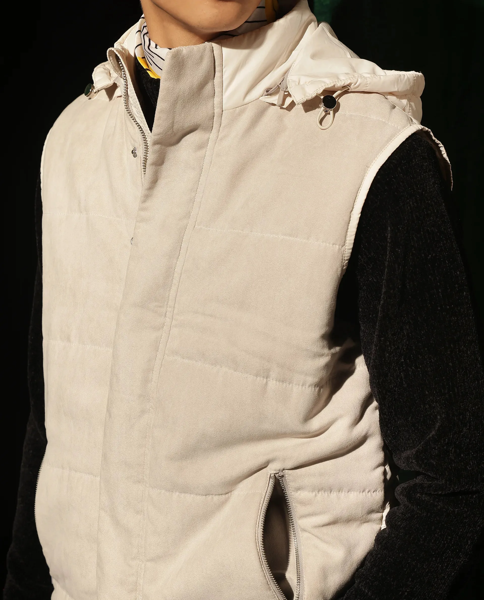 Rare Rabbit Men's Raldo Beige Detachable Hood Suede Sleeveless Puffer Jacket