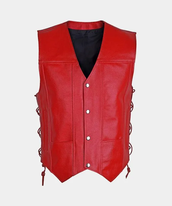 Red Men's Motorcycle Biker Leather Vest