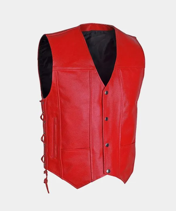 Red Men's Motorcycle Biker Leather Vest