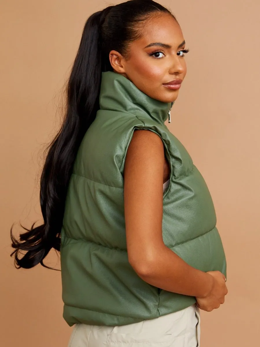 Rony PU Down Fill Padded Cropped Gilet In Olive