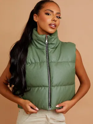 Rony PU Down Fill Padded Cropped Gilet In Olive