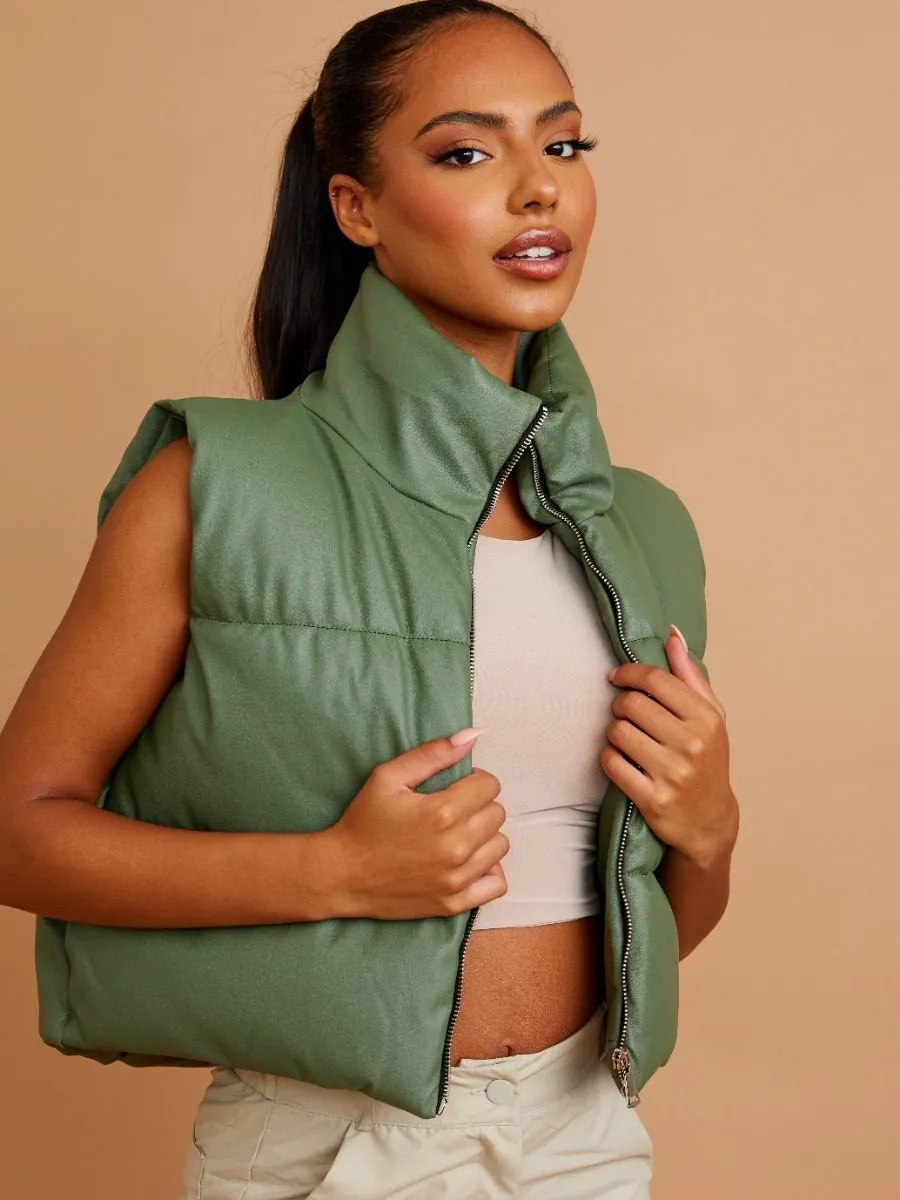 Rony PU Down Fill Padded Cropped Gilet In Olive