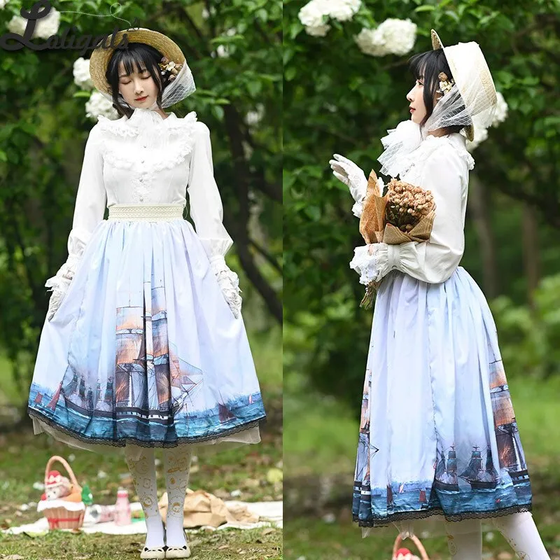 Sailing ~ Elegant Long Skirt Ship Printed Lady's Midi A line Lolita Skirt