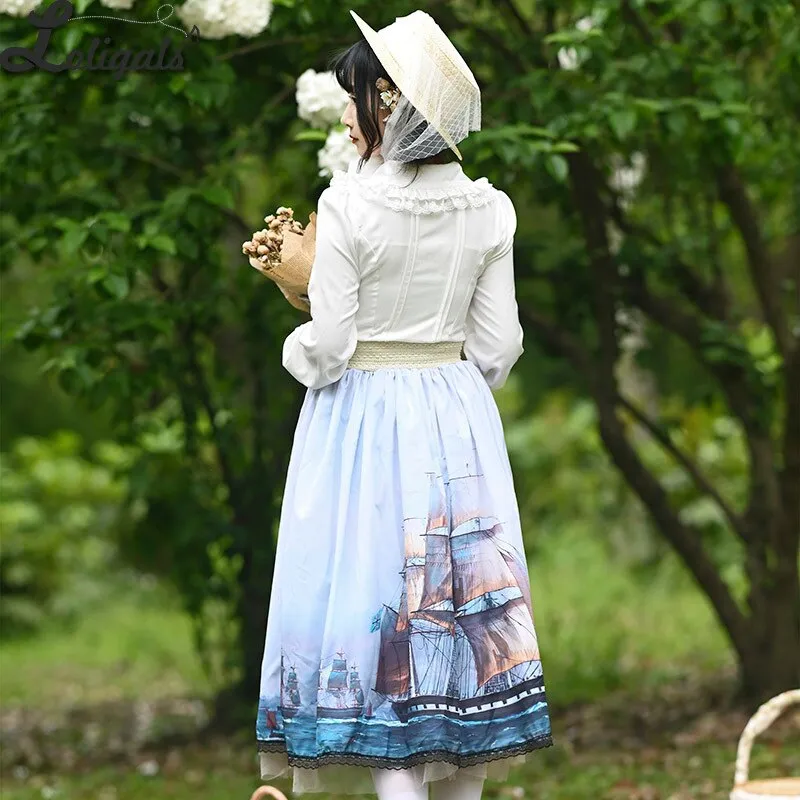 Sailing ~ Elegant Long Skirt Ship Printed Lady's Midi A line Lolita Skirt