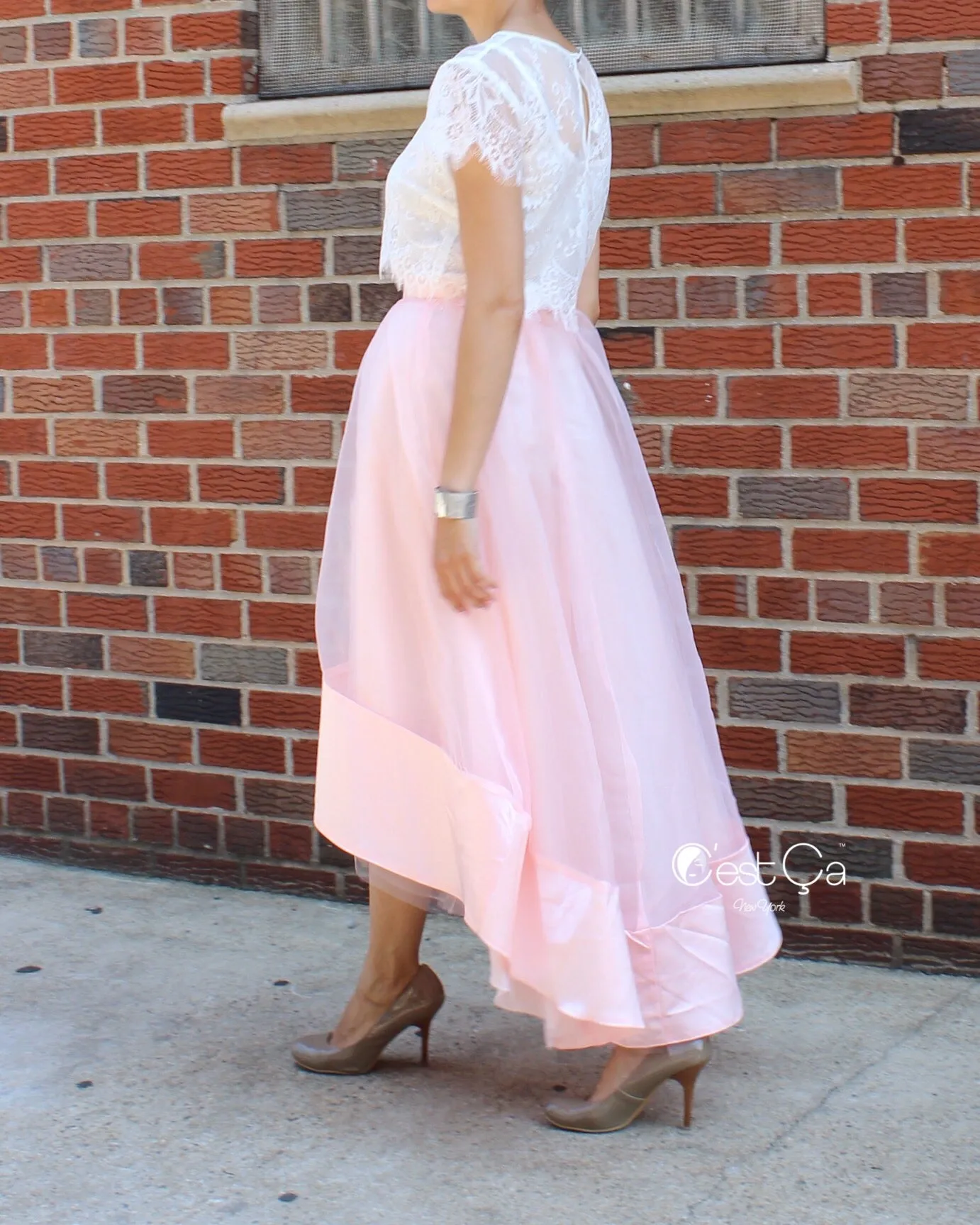 SAMPLE Donna Blush Pink High-Low Satin Organza & Tulle Skirt (size 10/12)