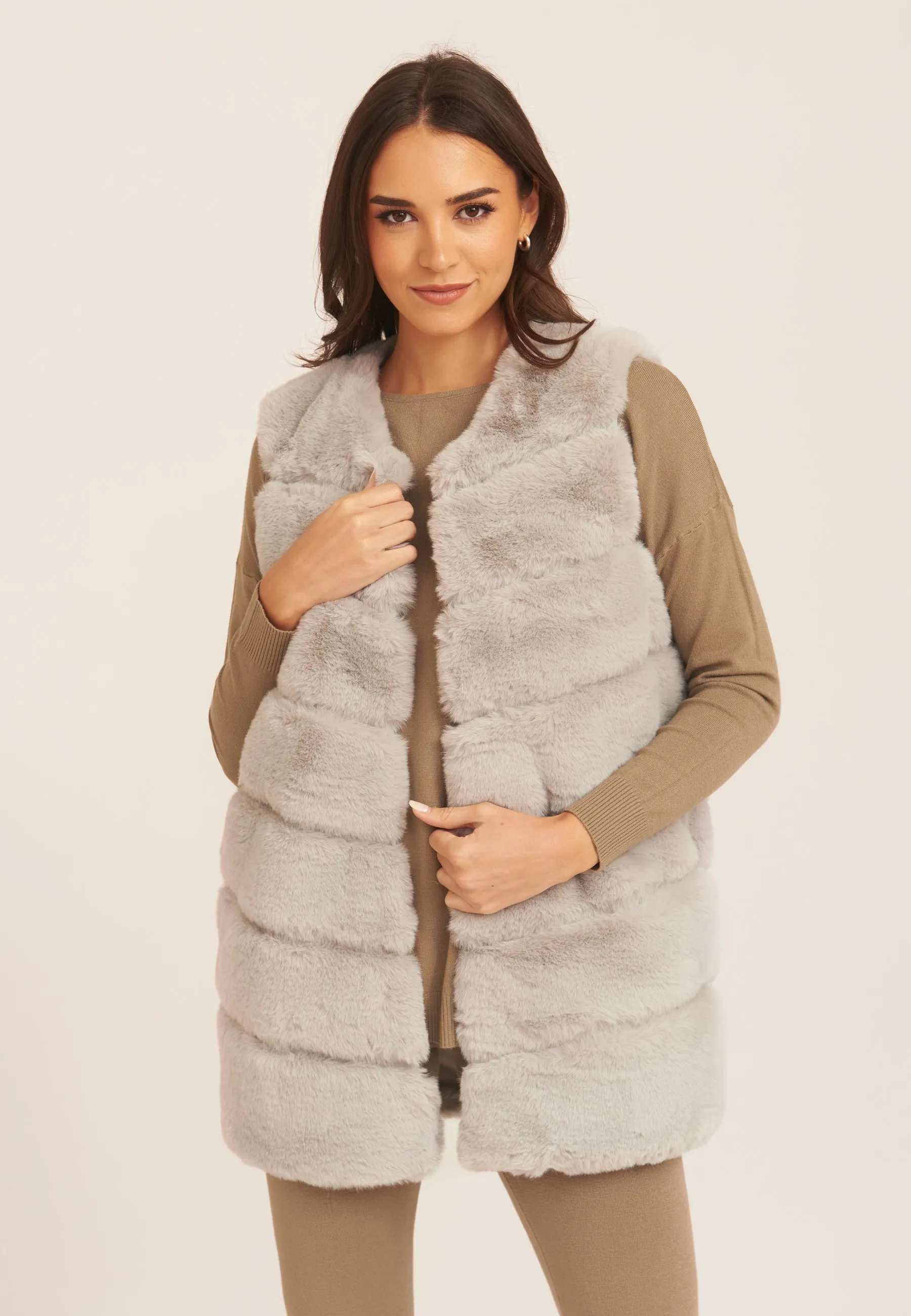 Silver Diagonal Cut Sleeveless Faux Fur Gilet