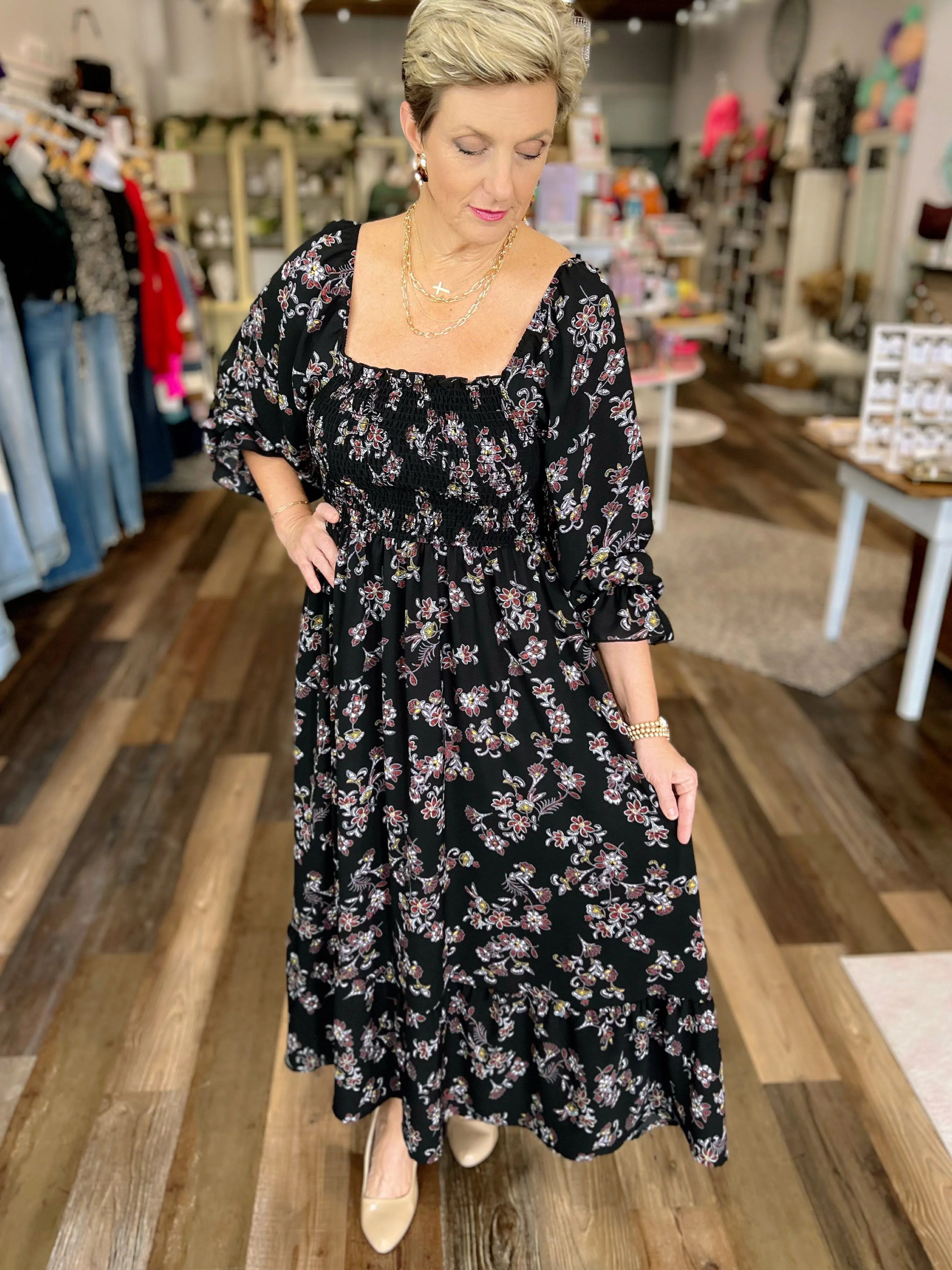 Square Neck Maxi Dress in Black Floral