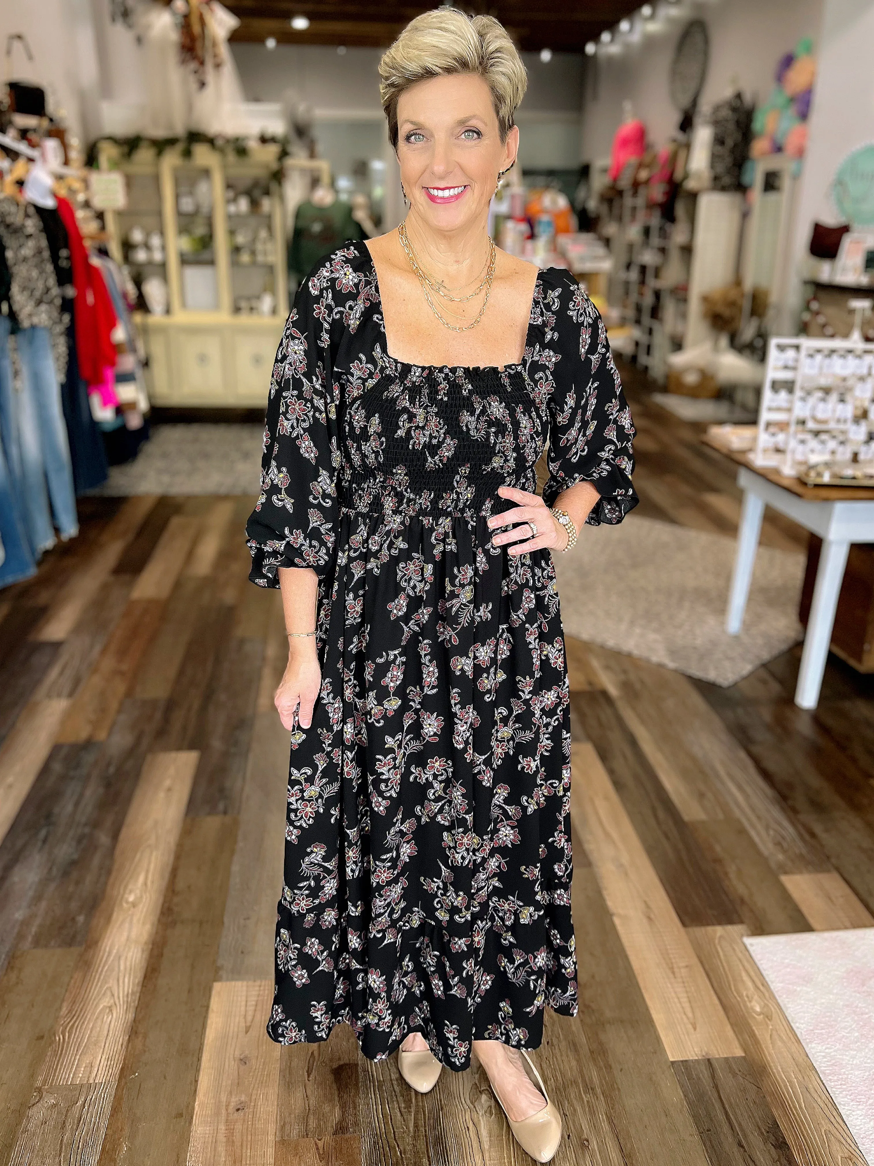 Square Neck Maxi Dress in Black Floral