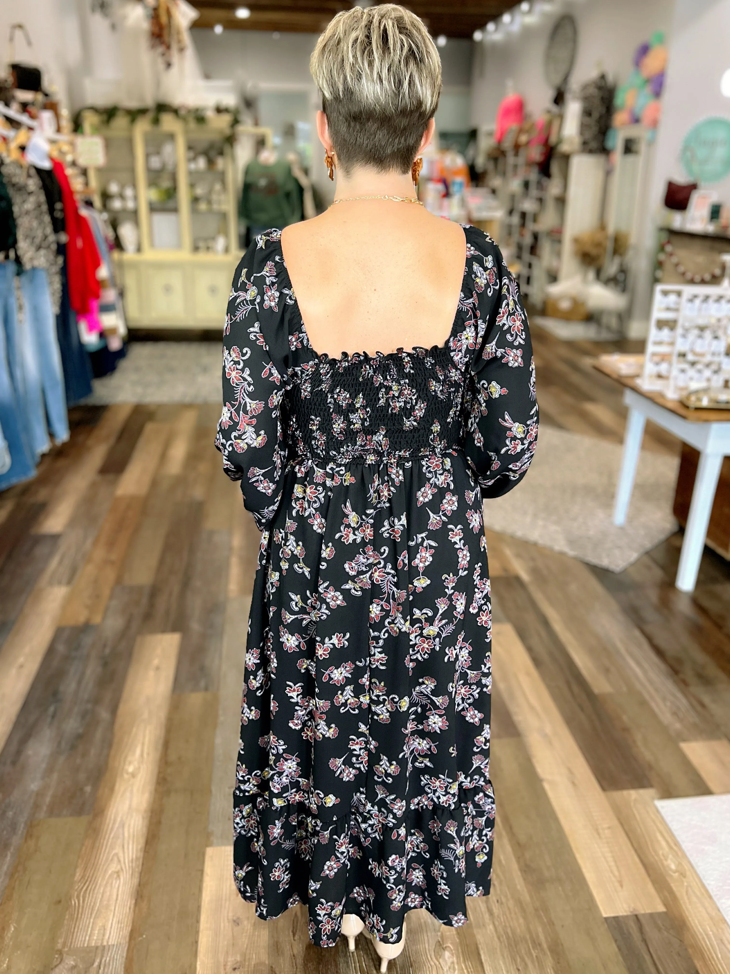 Square Neck Maxi Dress in Black Floral