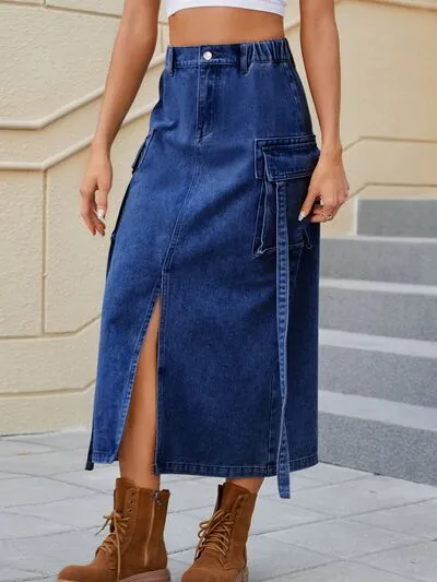 TEEK - Slit Pocketed High Waist Denim Skirt