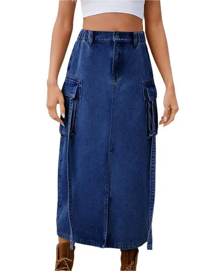 TEEK - Slit Pocketed High Waist Denim Skirt