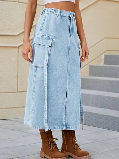 TEEK - Slit Pocketed High Waist Denim Skirt