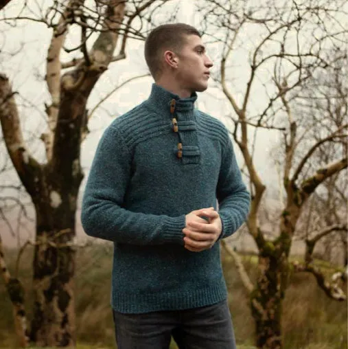 Toggle Buttoned Collar Sweater - Teal Grey - Fisherman Out of Ireland