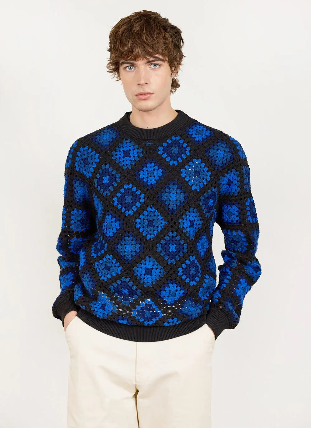 Verso Crochet Knitted Crew Neck Jumper | Organic Cotton | Indigo