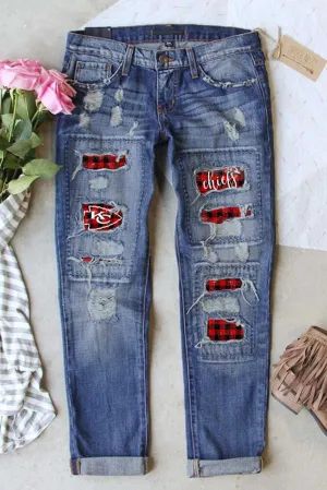 Vintage Plaid Print Patches Mid-waist Jeans