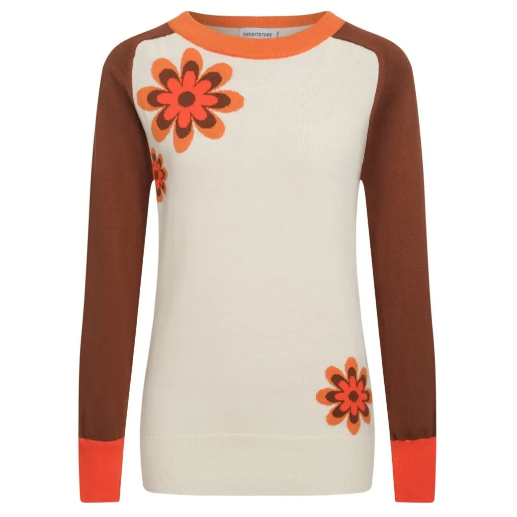 Women's '50s sunflower brown shoulder knitwear