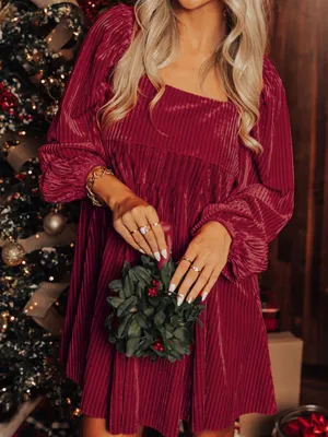 Womens Festive Red Velvet Tie Back Square Neck Babydoll Dress