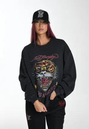 Womens Tiger-Vintage-Roar Graphic Relaxed Crew Neck Sweatshirt - Black