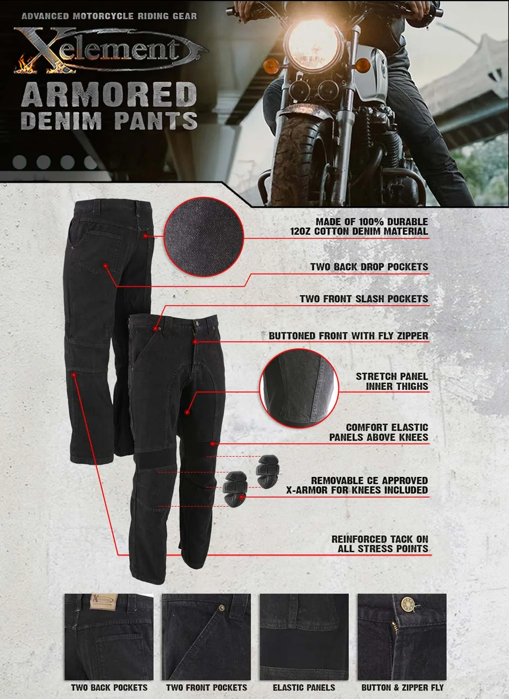 Xelement 055030 Men's Classic Fit Black Denim Motorcycle Racing Pants with X-Armor Protection