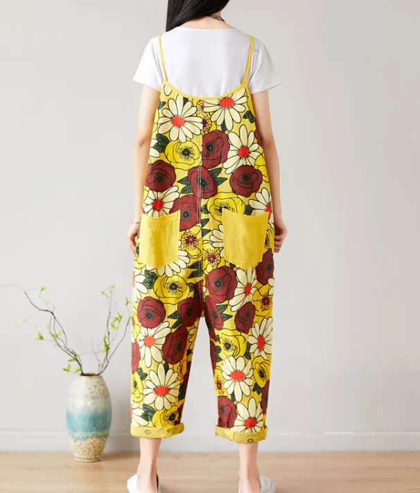 Yellow Floral Loose Denim Casual Spring Denim Overall Women Jumpsuits QY18